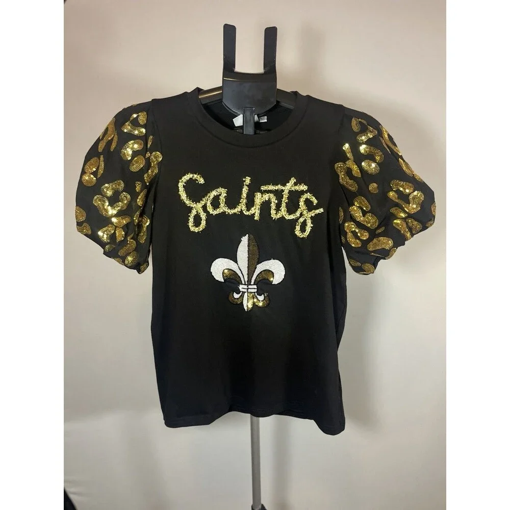 Sash Clothing Bar Saints Sequin Fleur De Lis Top XS Black Gold Puff Sleeve